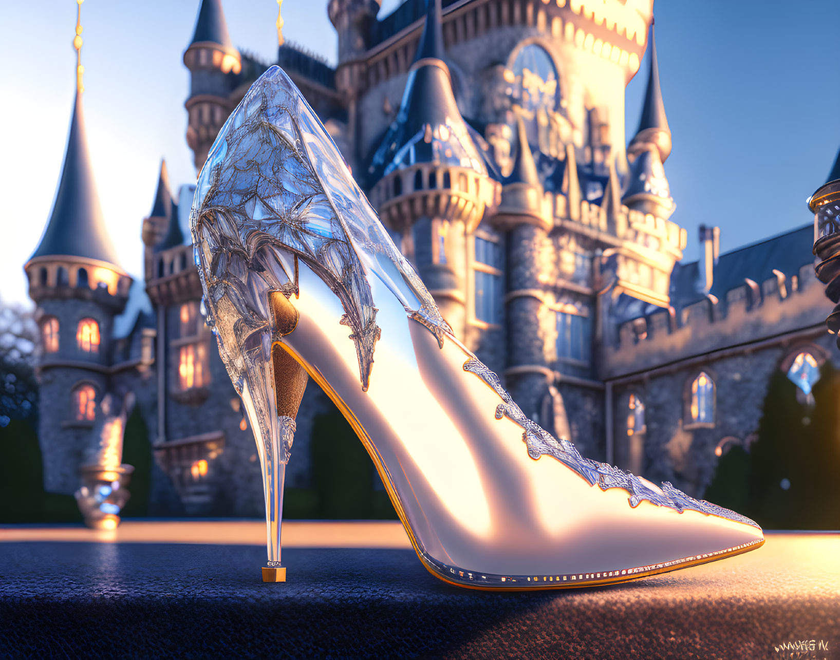 Elegant high-heeled shoe with winged design near fairytale castle at dusk