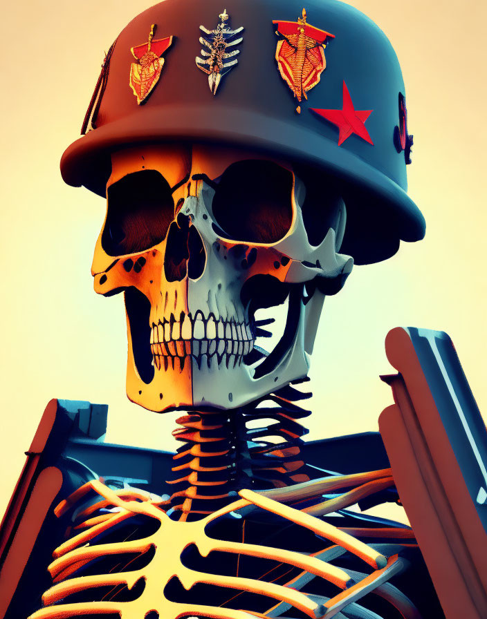 Skeleton in Military Helmet with Badges and Red Star on Warm Background