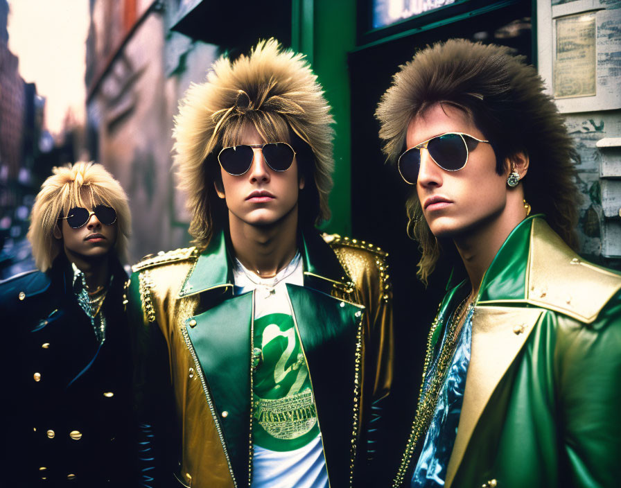 Three individuals with spiked hair and sunglasses in front of a wall with posters.