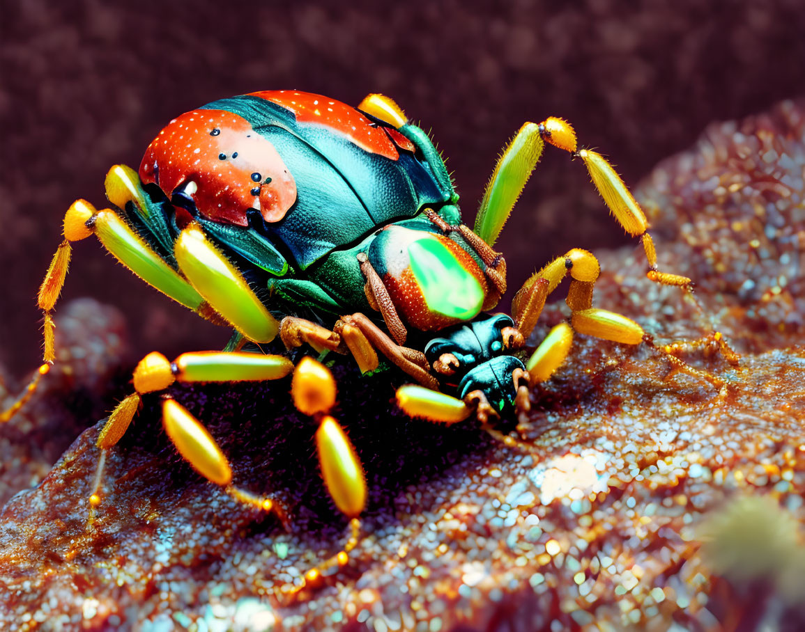 Colorful Beetle with Glossy Exoskeleton on Textured Surface