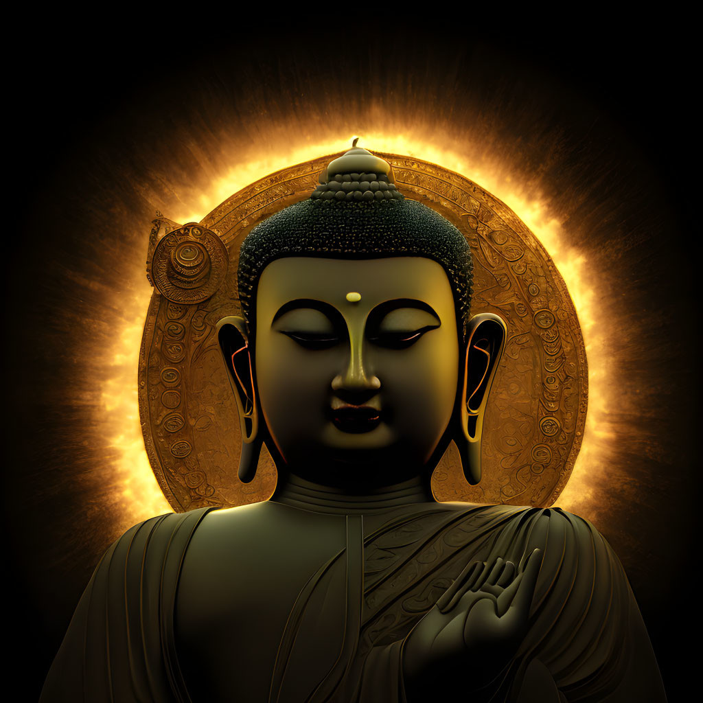 Golden halo Buddha statue illustration on dark background