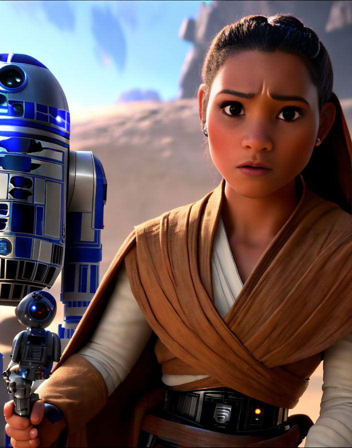 Brown-haired female character in beige robe with futuristic belt next to R2-D2 in desert