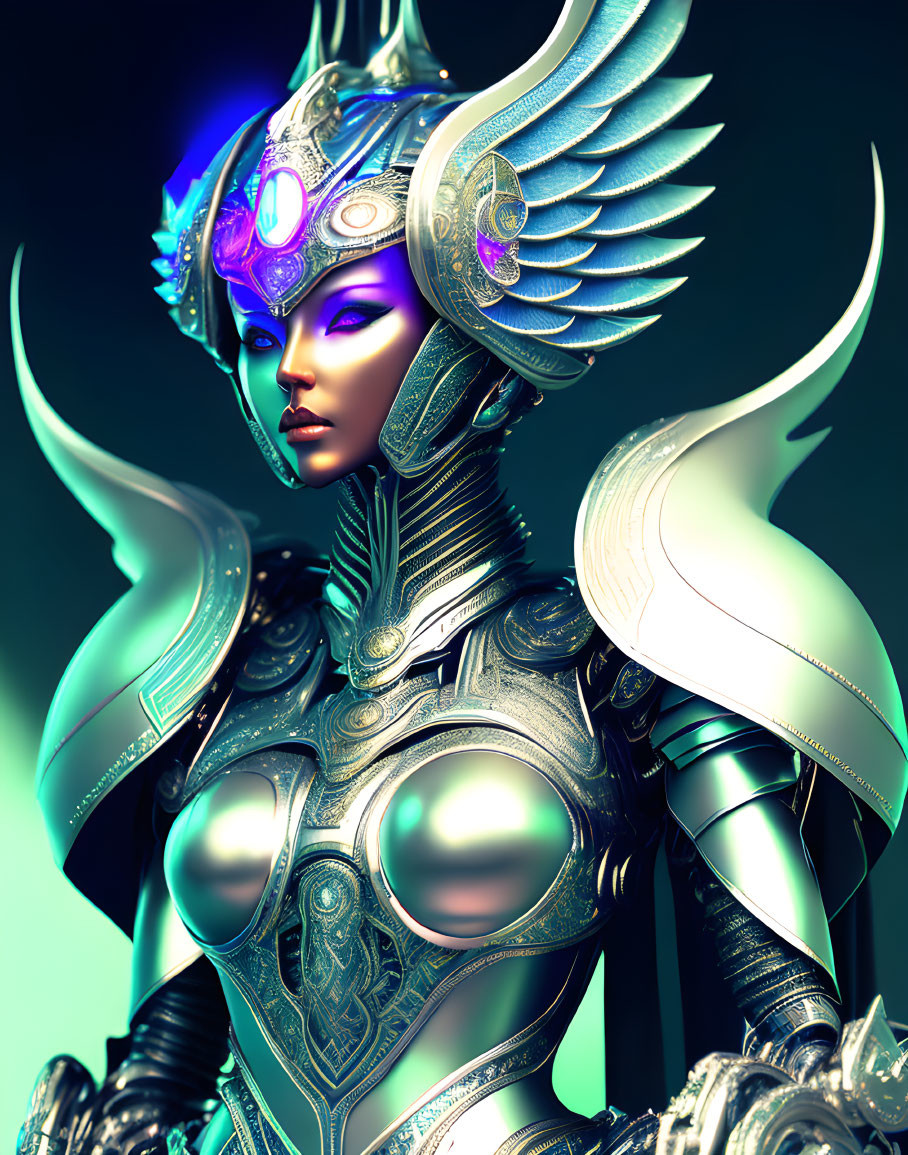 Futuristic female warrior with blue skin and ornate helmet