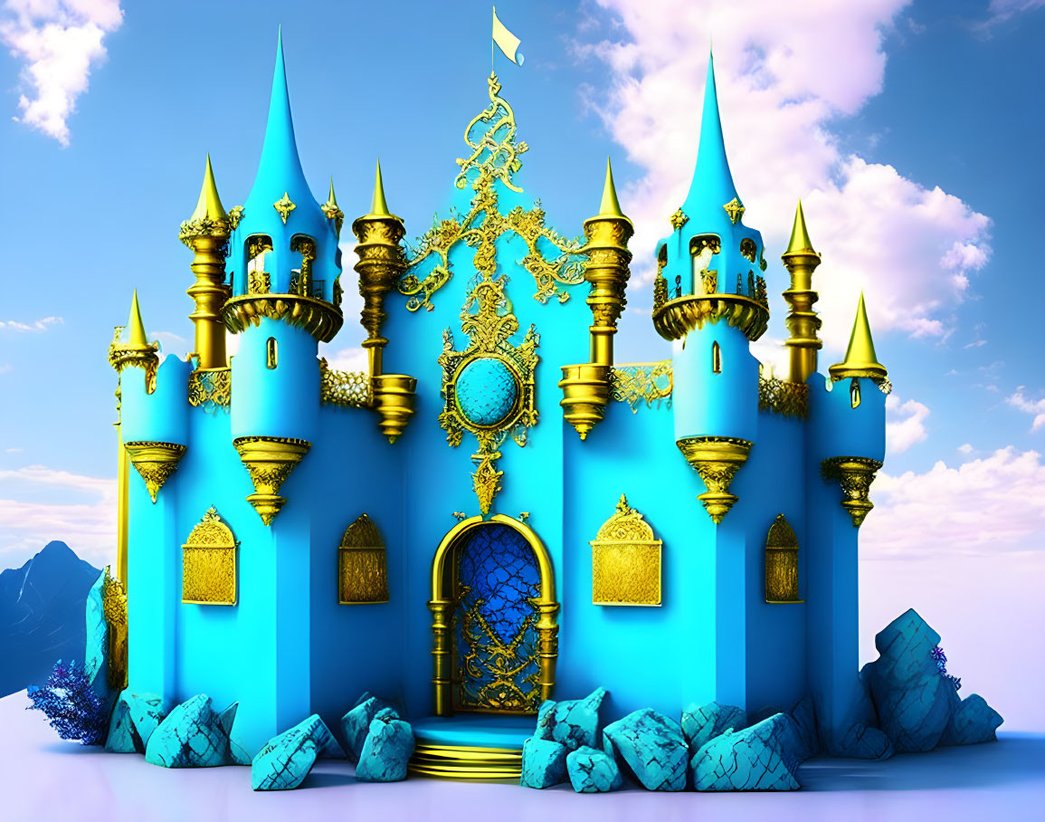 Blue Castle with Golden Accents and Sky Backdrop, Turquoise Rocks