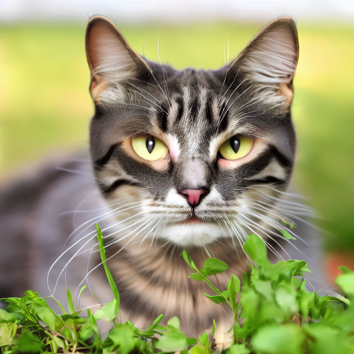 Tabby Cat with Yellow Eyes and Whiskers in Green Foliage