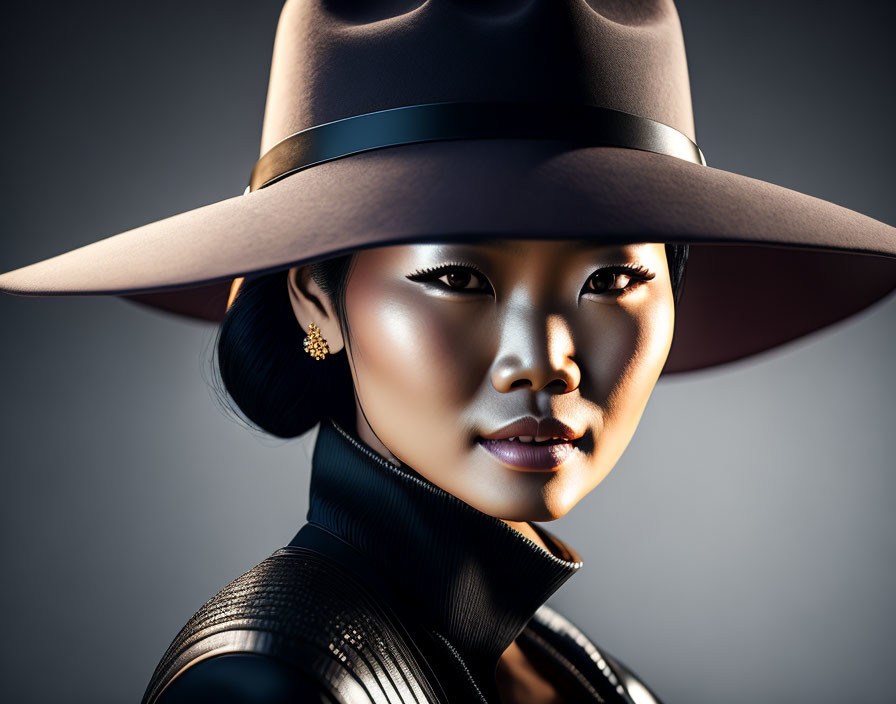 Striking makeup woman in large-brimmed hat and earrings on gray background