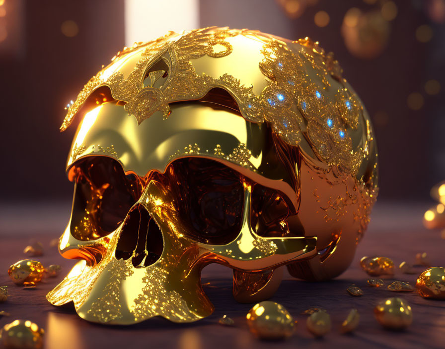 Golden Skull with Ornate Carvings Among Gold Coins and Ambient Glow