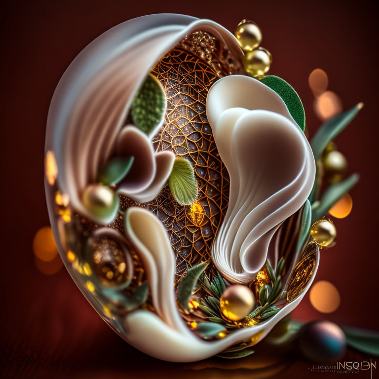 Detailed 3D fractal design of ornate golden egg with swirling patterns and glistening orbs on