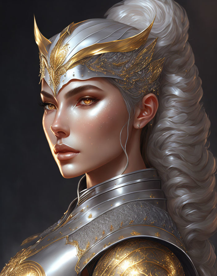 Fantasy female warrior with golden armor, pale skin, freckles, and wavy white hair