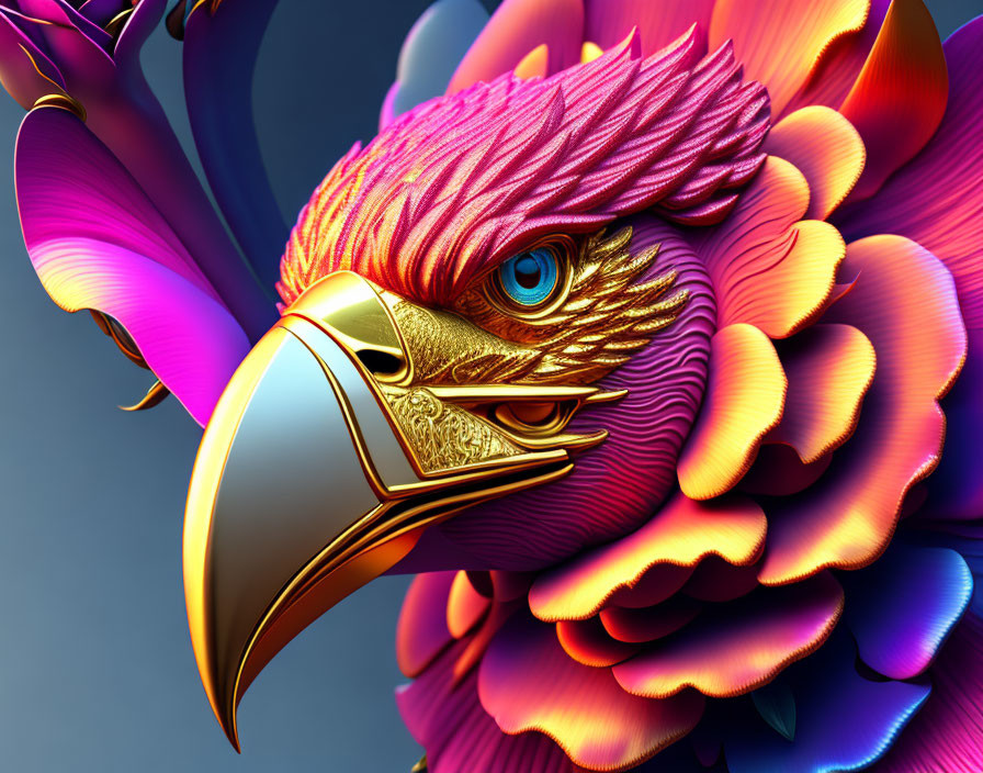 Colorful digital artwork: Eagle with golden beak, purple, pink, and orange feathers