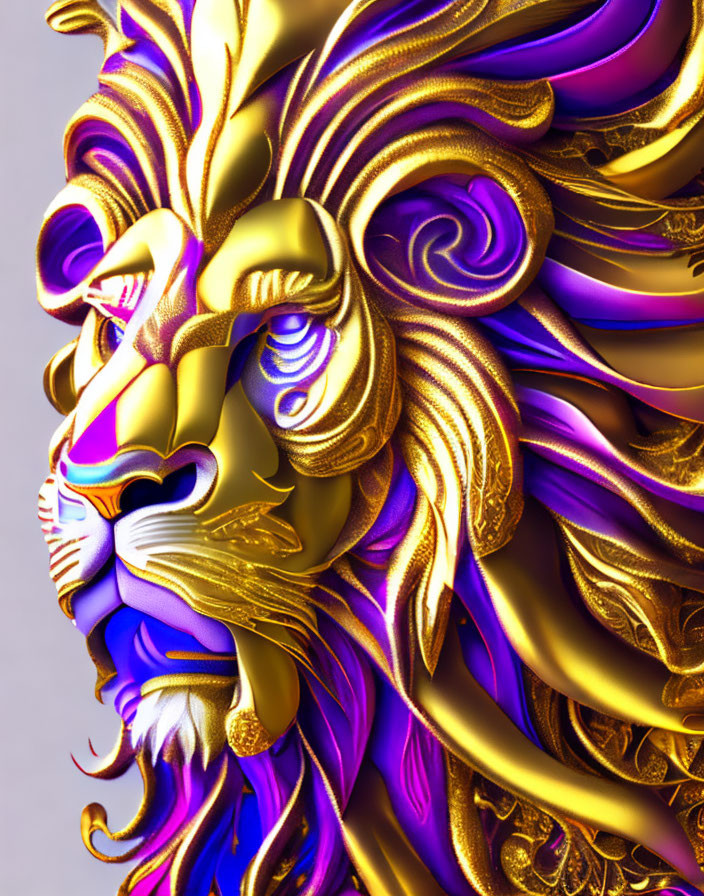 Colorful digital artwork: stylized lion's head with intricate golden and purple swirls.