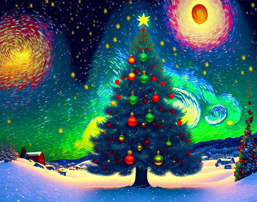 Colorful Christmas scene with starry sky and snowy landscape