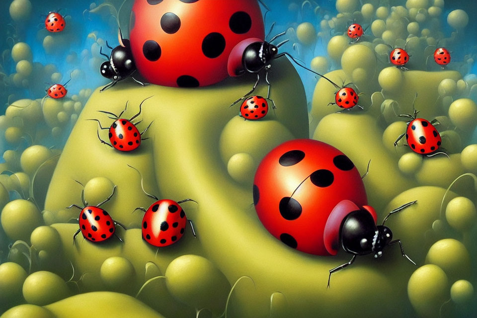 Vibrant Ladybug Illustration on Green Terrain with Yellow Elements