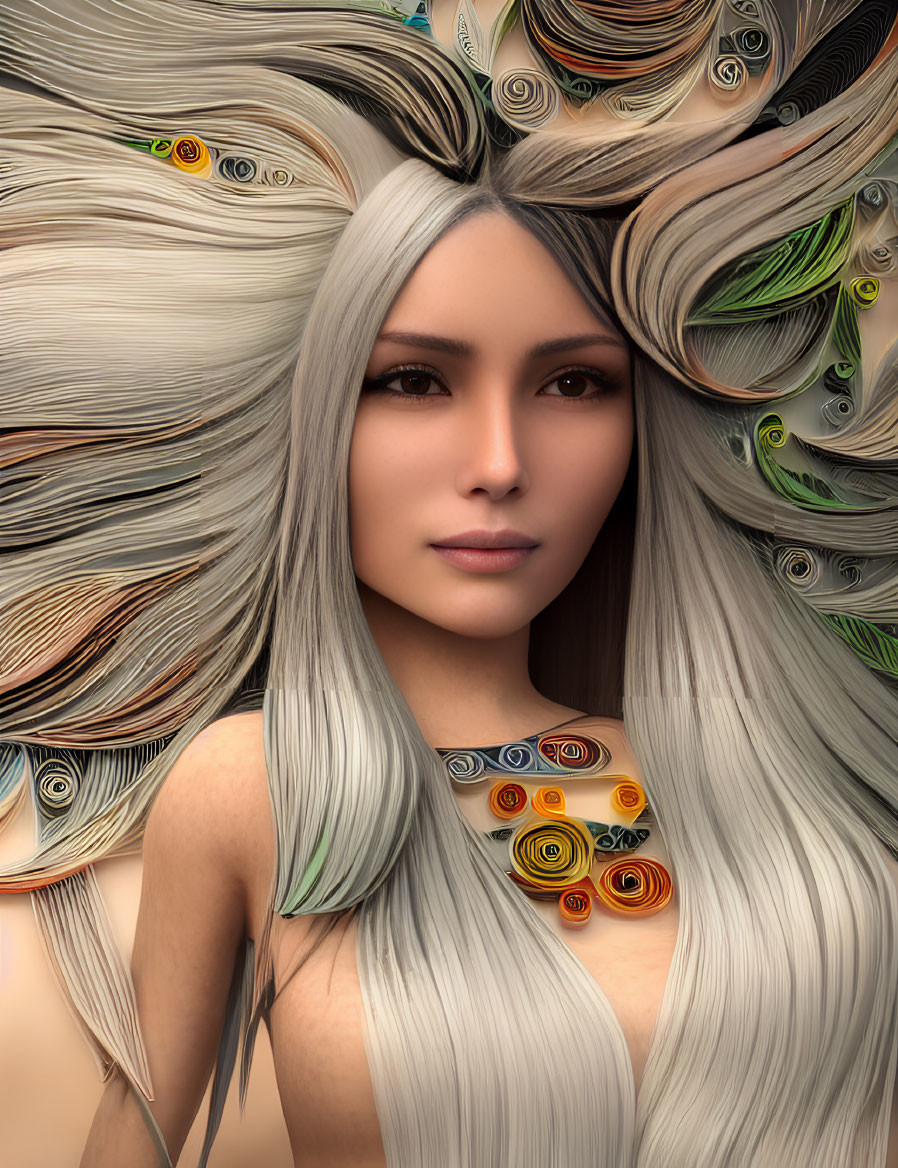 Digital Art Portrait: Woman with Quilled Paper Hair in Earthy Tones