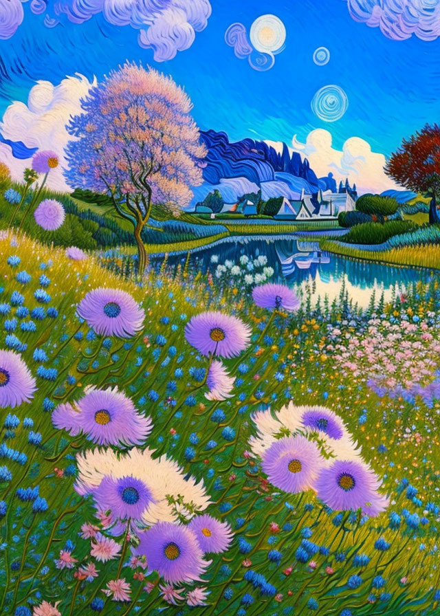 Colorful landscape painting with purple flowers, blossoming tree, river, and crescent moon