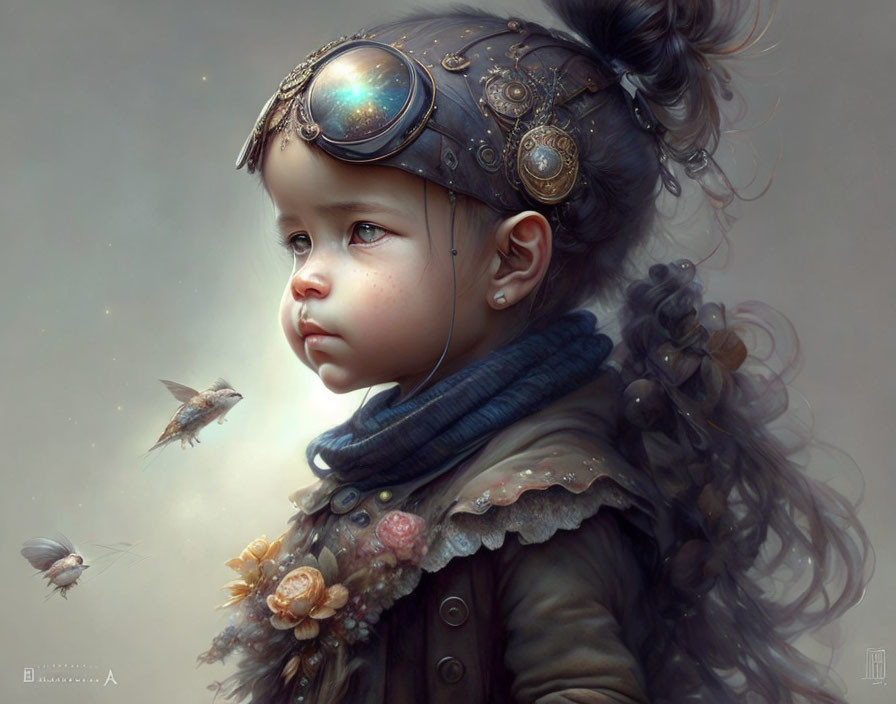 Child with steampunk headdress and mechanical birds in ethereal setting