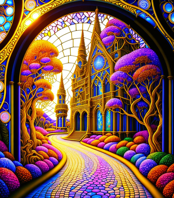 Colorful stained glass-style landscape with ornate buildings and starlit sky