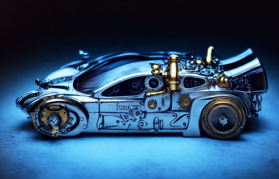 Intricate Steampunk Car Model with Gold Gears on Dark Background