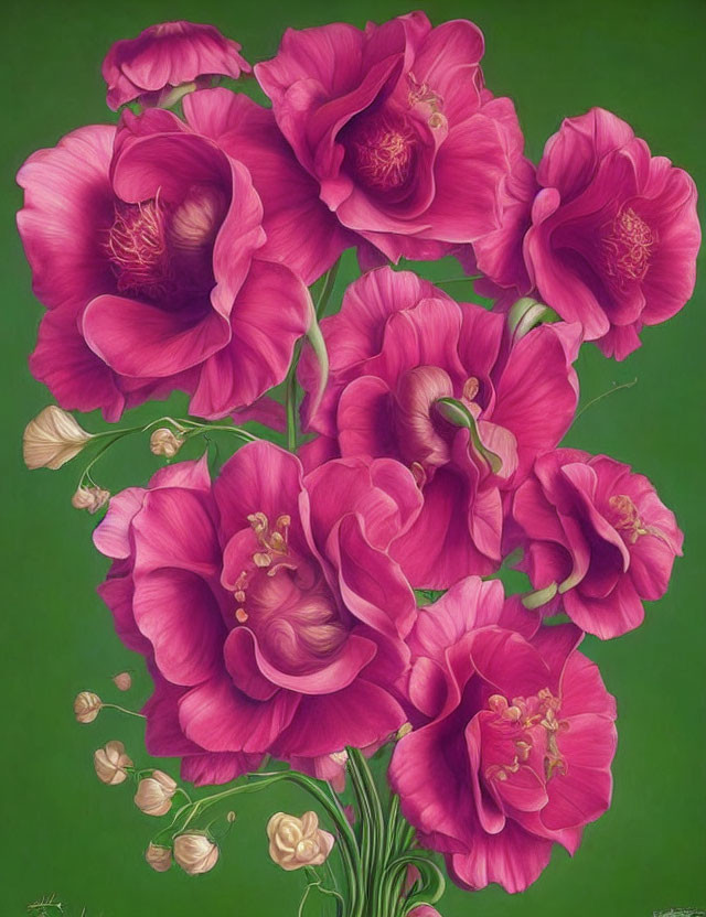 Detailed Pink Rose Painting on Green Background