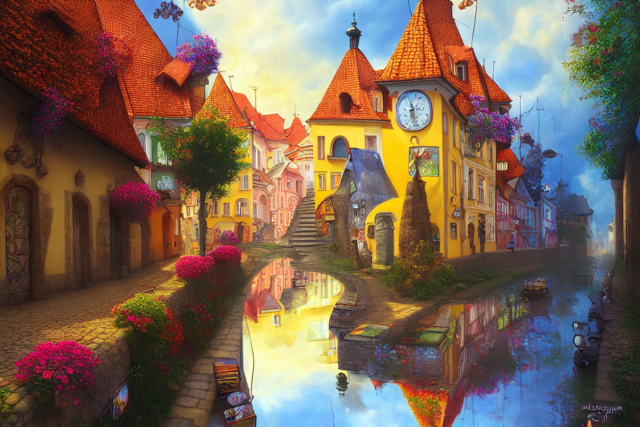 Charming European Village Scene with Colorful Buildings and Serene Canal