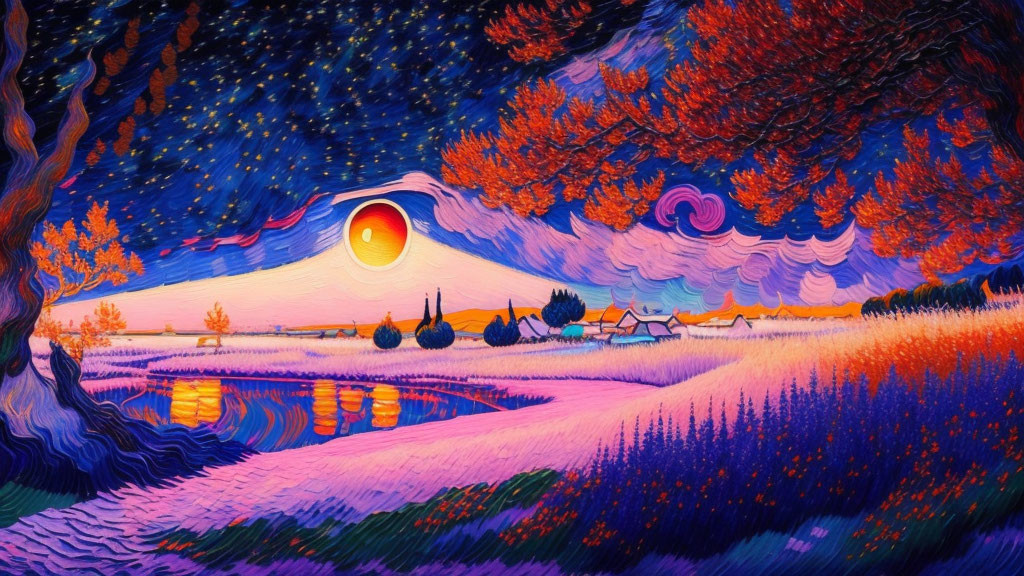 Stylized landscape painting: Moonlit night scene with lavender fields, red trees