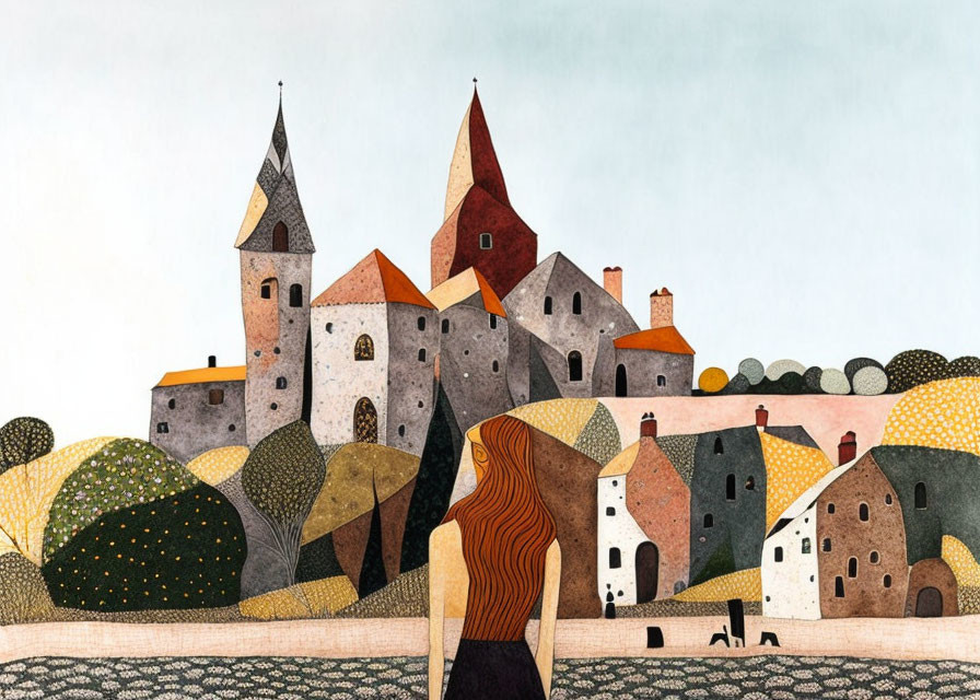 Stylized image of woman with red hair in quaint town scenery