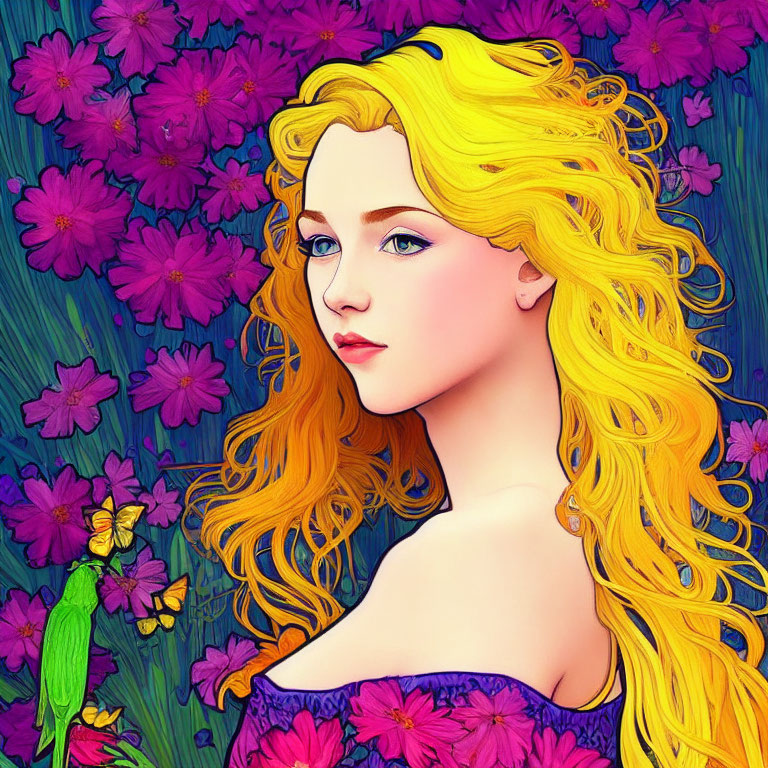 Blonde Woman with Blue Eyes in Purple Flower Garden with Parrot