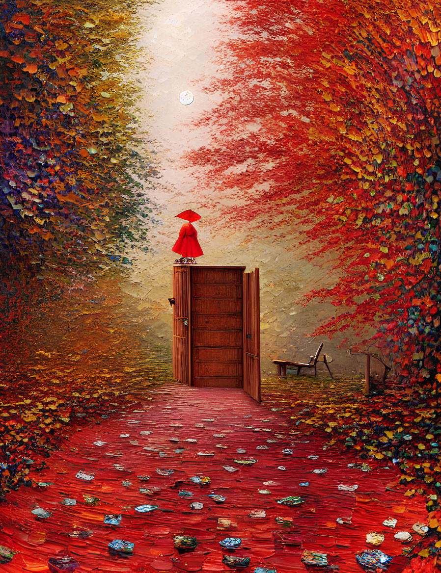 Colorful autumn scene with person in red cloak by open wooden door