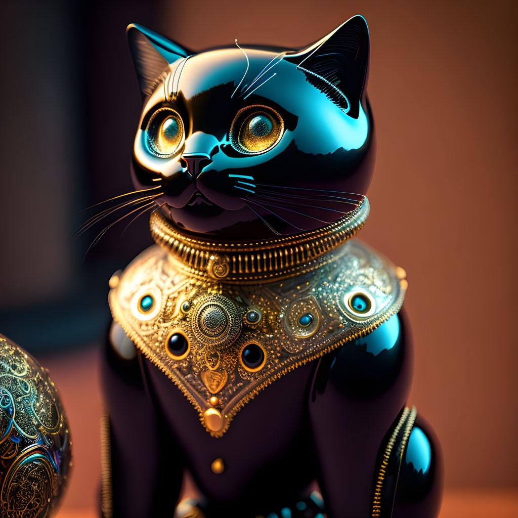 Black Cat Figurine with Gold and Turquoise Details and Patterned Sphere