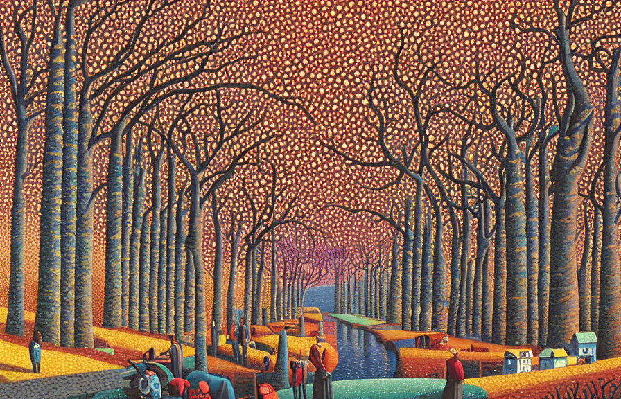 Colorful painting of tree-lined path with whimsical houses & intricate bark patterns