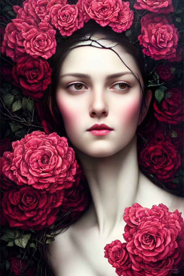 Woman portrait with red roses and serene expression