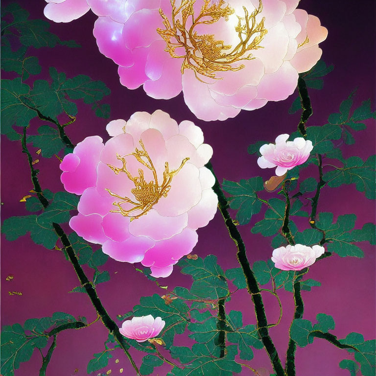 Colorful artwork featuring oversized pink peonies on a purple background