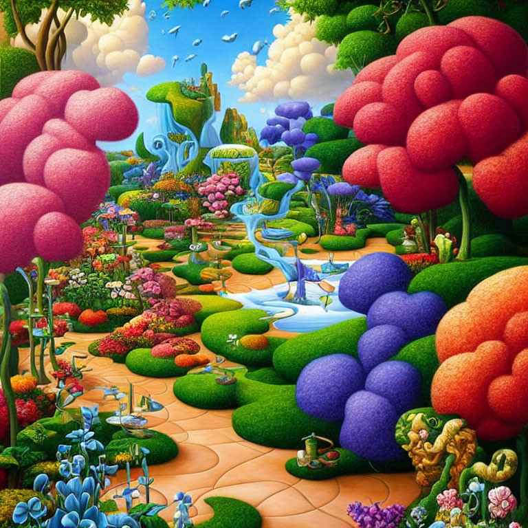 Colorful Fantasy Landscape with Oversized Flora and Meandering Stream