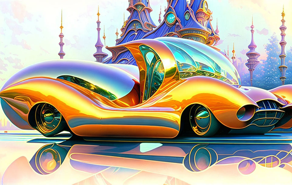 Golden Futuristic Car Parked on Reflective Surface with Ornate Buildings in Background