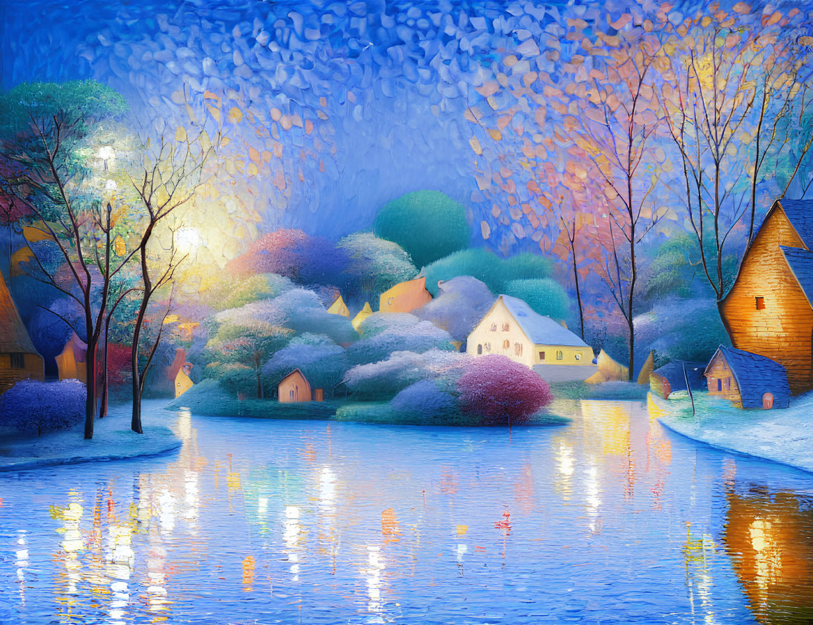 Colorful painting: Quaint village by river at dusk