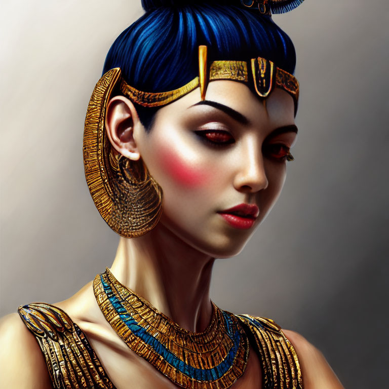 Digital portrait of a woman styled as ancient Egyptian queen with blue and gold headdress, large golden earrings