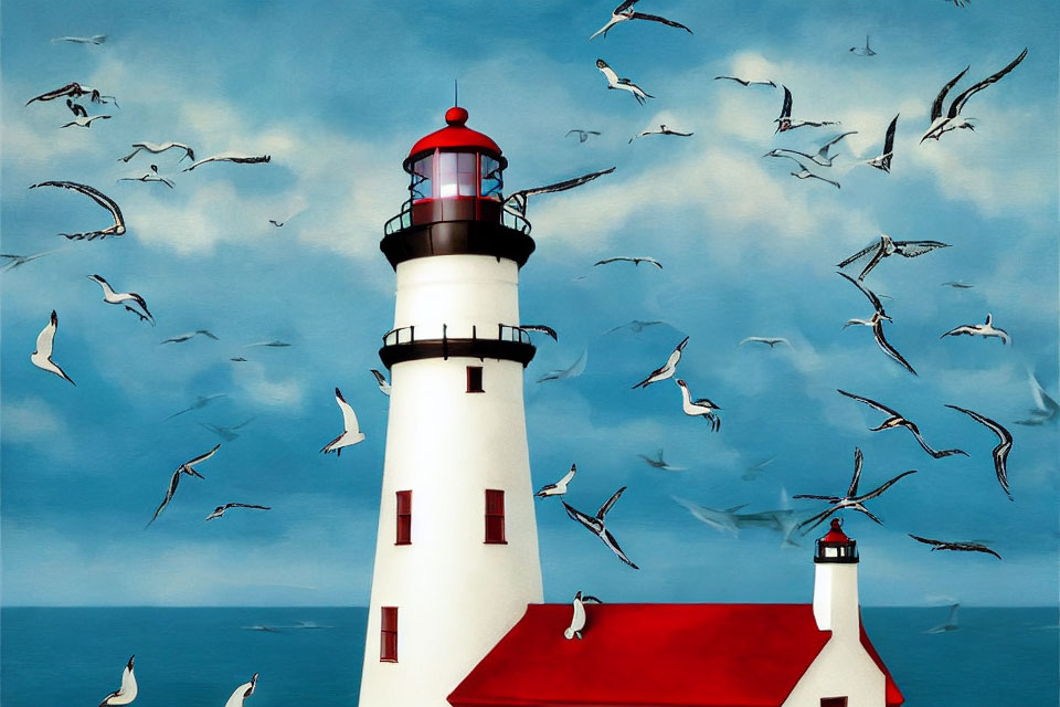 Scenic lighthouse with red cap by the sea and seagulls flying under cloudy sky