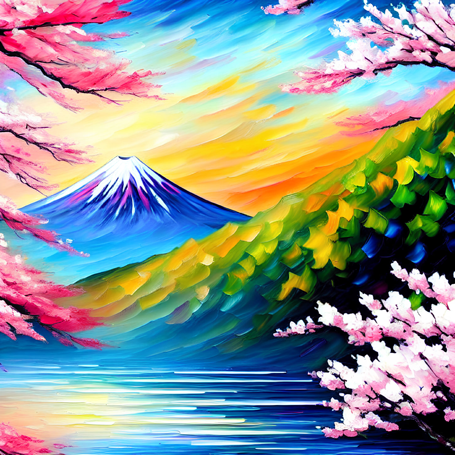 Scenic Mount Fuji painting with cherry blossoms and colorful skies