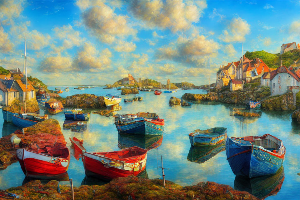 Tranquil harbor scene with colorful boats, quaint houses, rocky outcrops, and vibrant sky