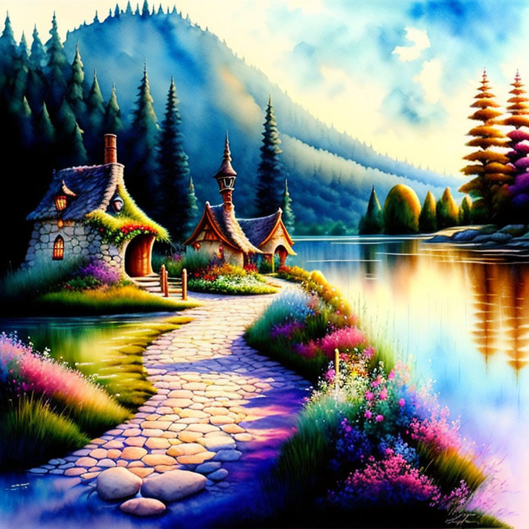 Colorful illustration of whimsical cottage by lake and lush forest