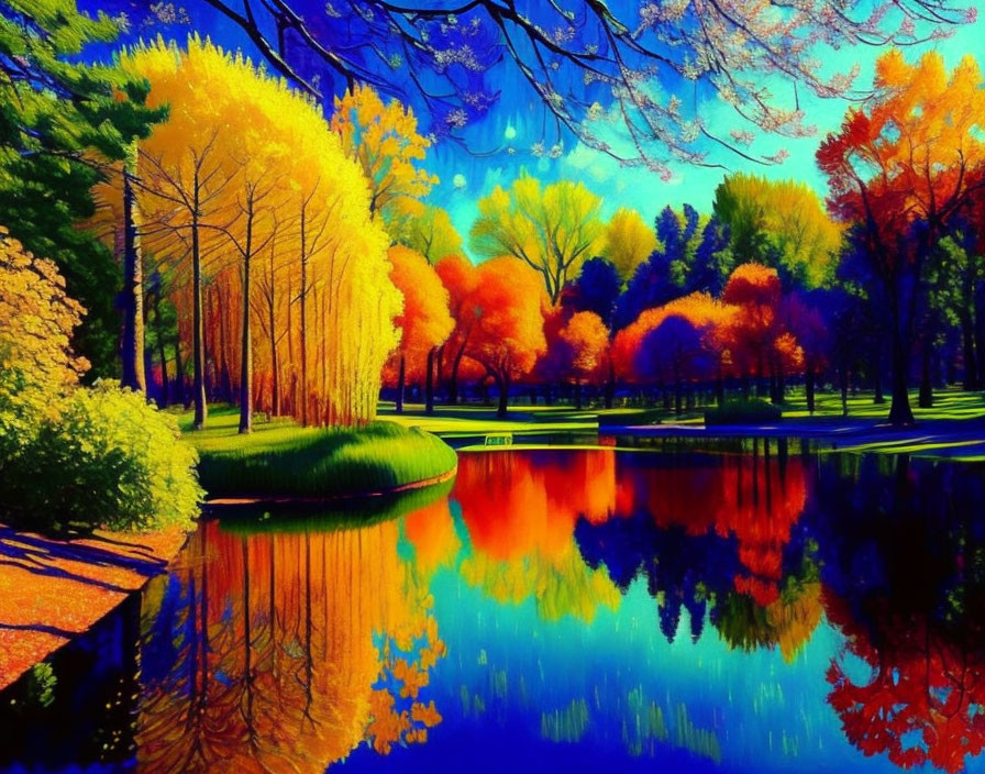 Colorful Autumn Park Scene: Trees Reflecting in Lake