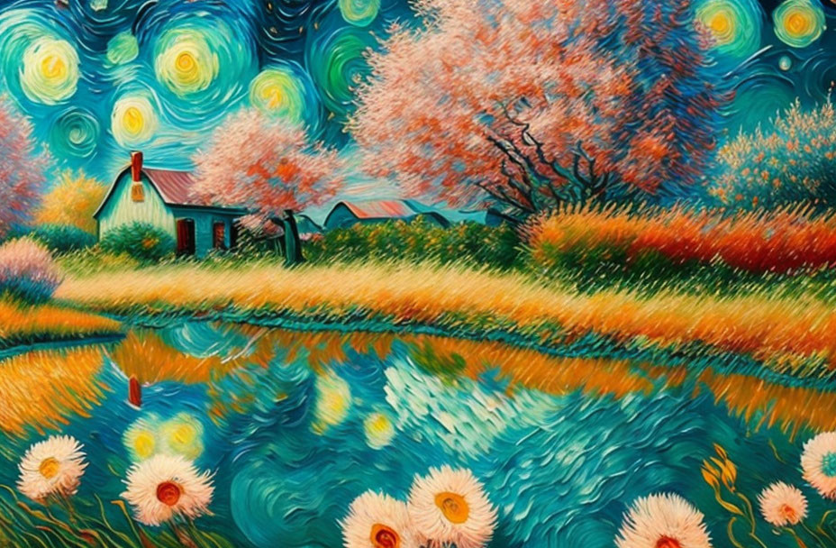 Colorful painting of starry night sky, blooming tree, house, and serene water reflection