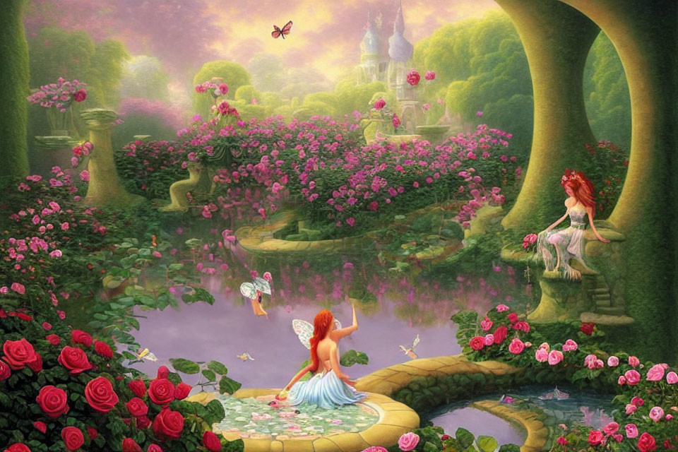 Vibrant fantasy garden with red-haired figures, roses, swan, and castle