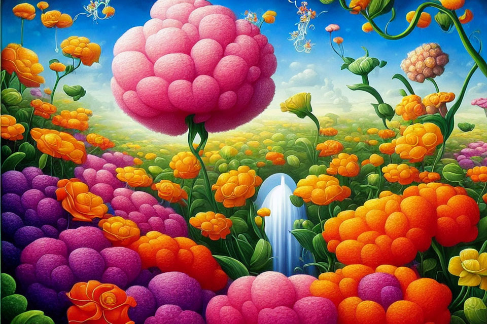 Colorful surreal landscape with giant brain-shaped tree and floating fish