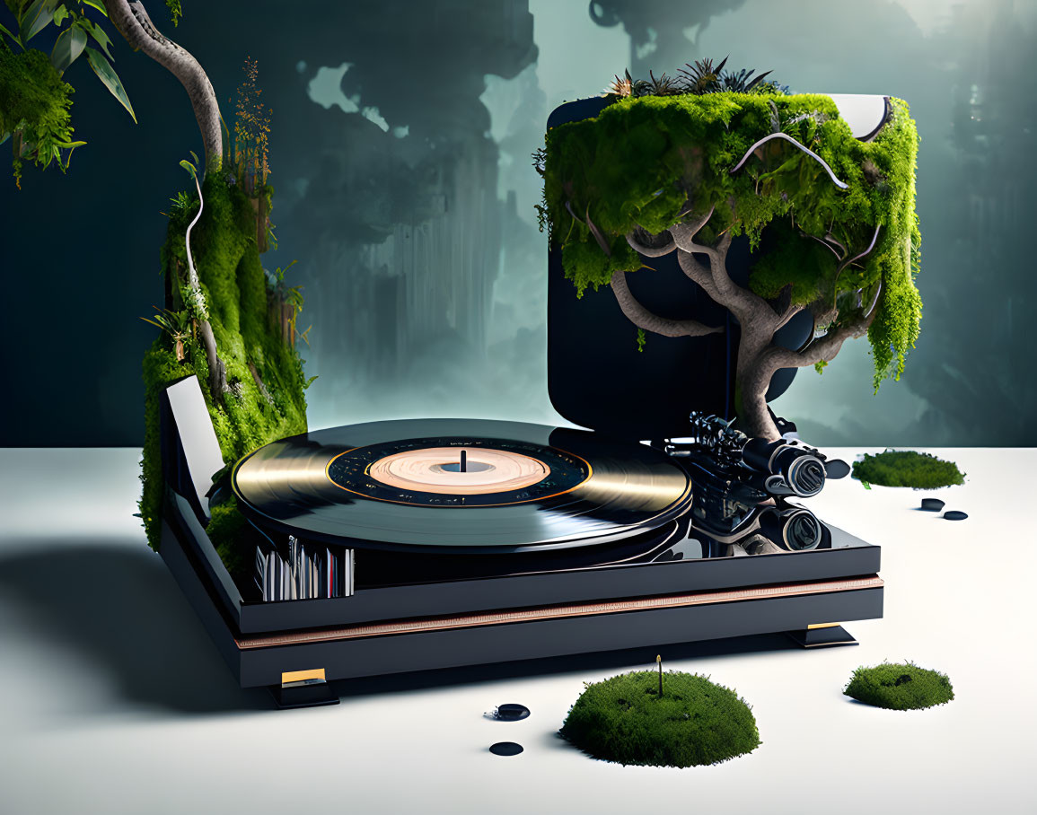 Abstract Turntable Image with Tree and Moss on Record