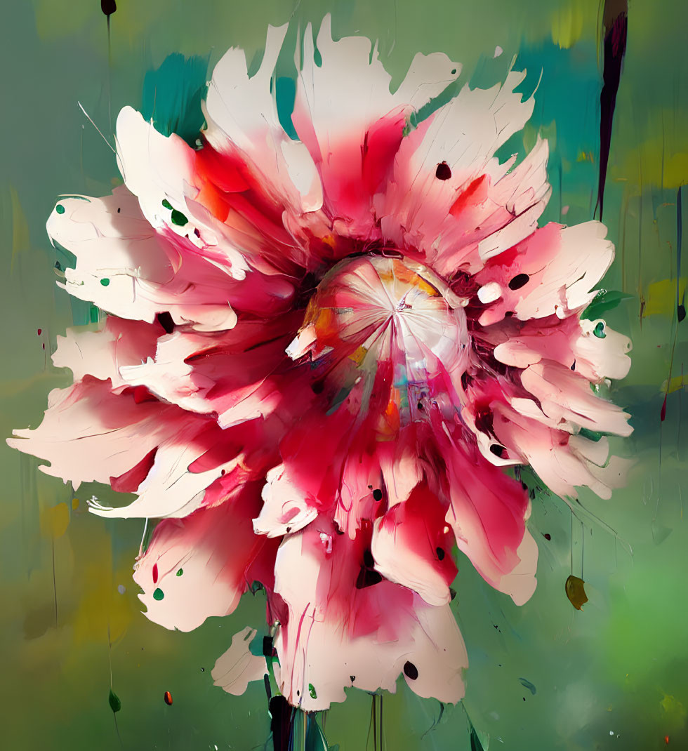 Colorful Abstract Painting of Blossoming Flower in Red and White on Green Background