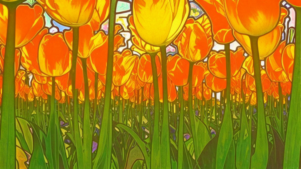 Vibrant orange tulips in front of stained-glass backdrop