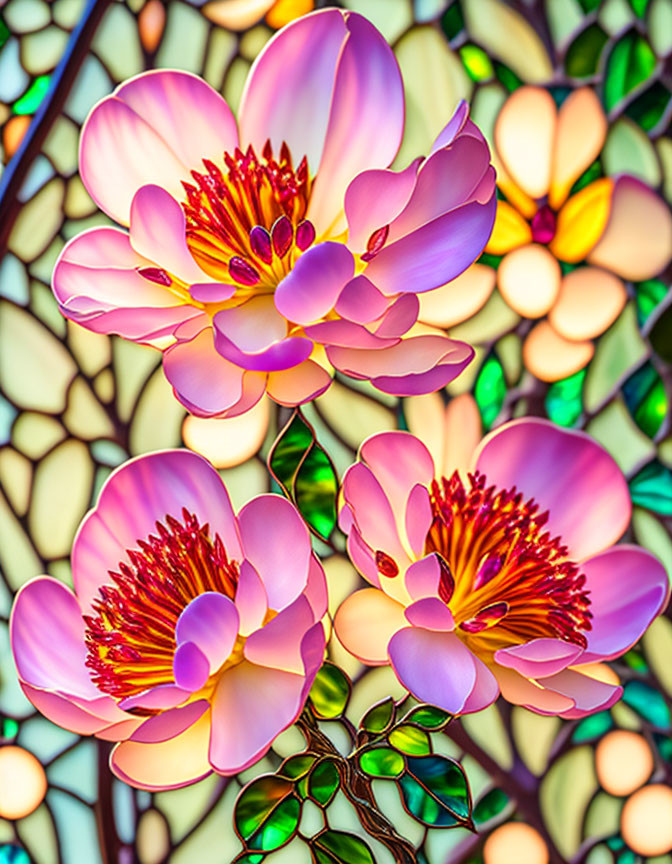 Colorful Stained Glass Panel Featuring Pink Flowers and Green Leaves