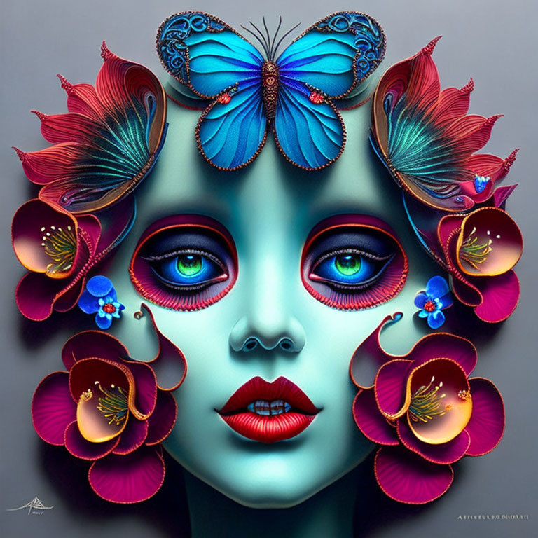 Colorful digital artwork: Female face with blue skin, flowers, butterfly