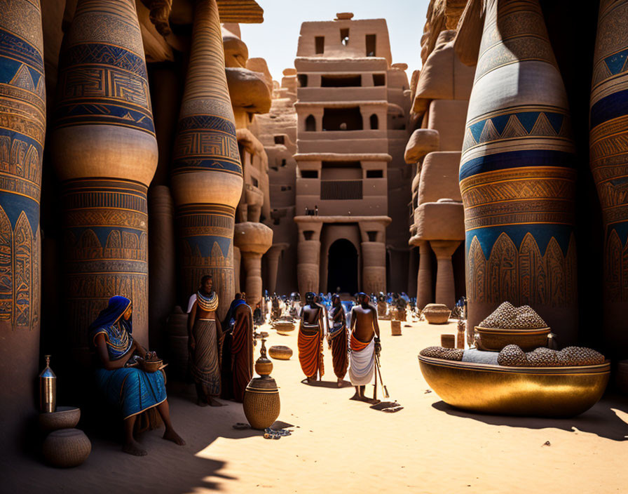 Ancient desert city marketplace with traditional attire and intricate stalls